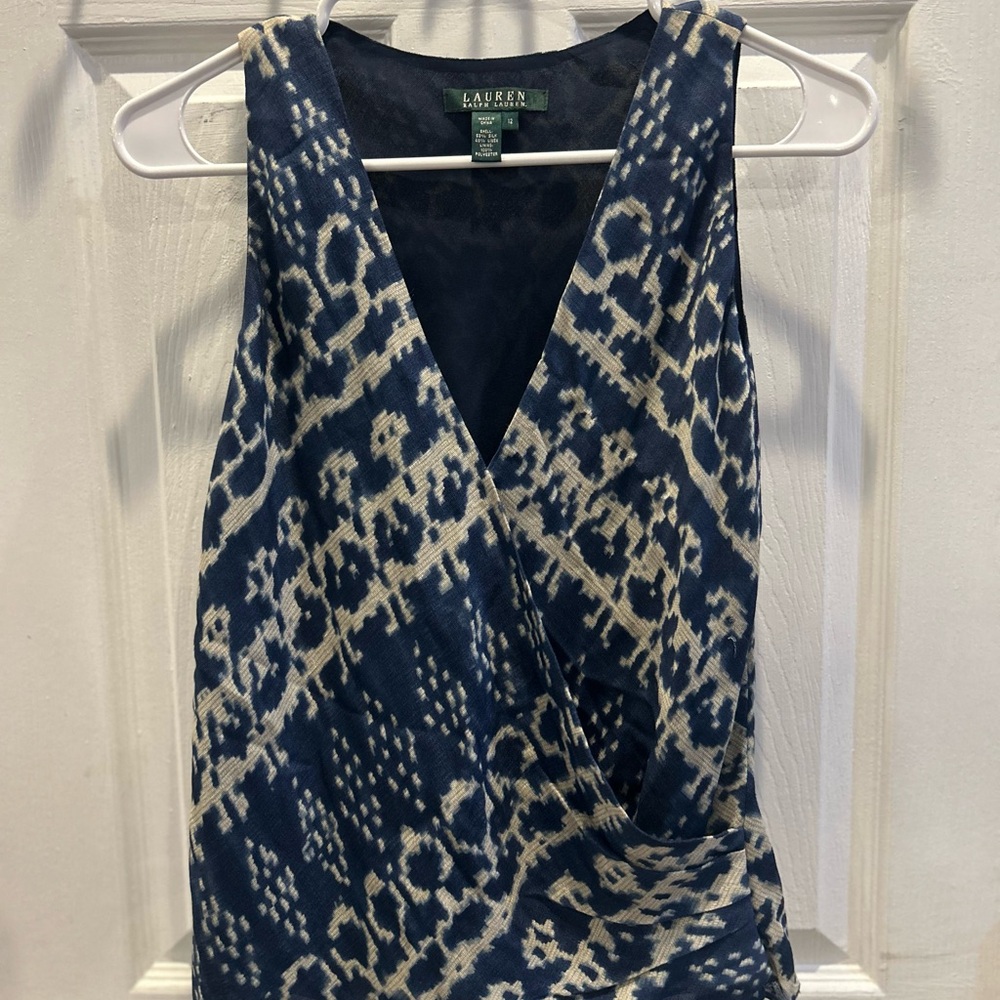 Ralph Lauren Blue Cream Wrap Tank Top Silk /Linen  12 NWOT